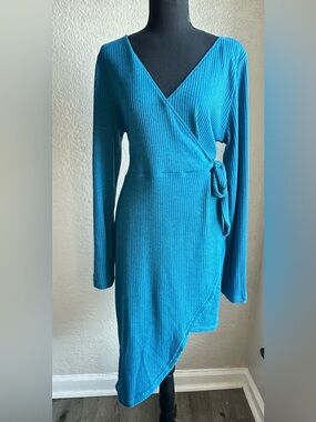 Teal Ribbed Wrap Long-Sleeve Dress with Side Tie